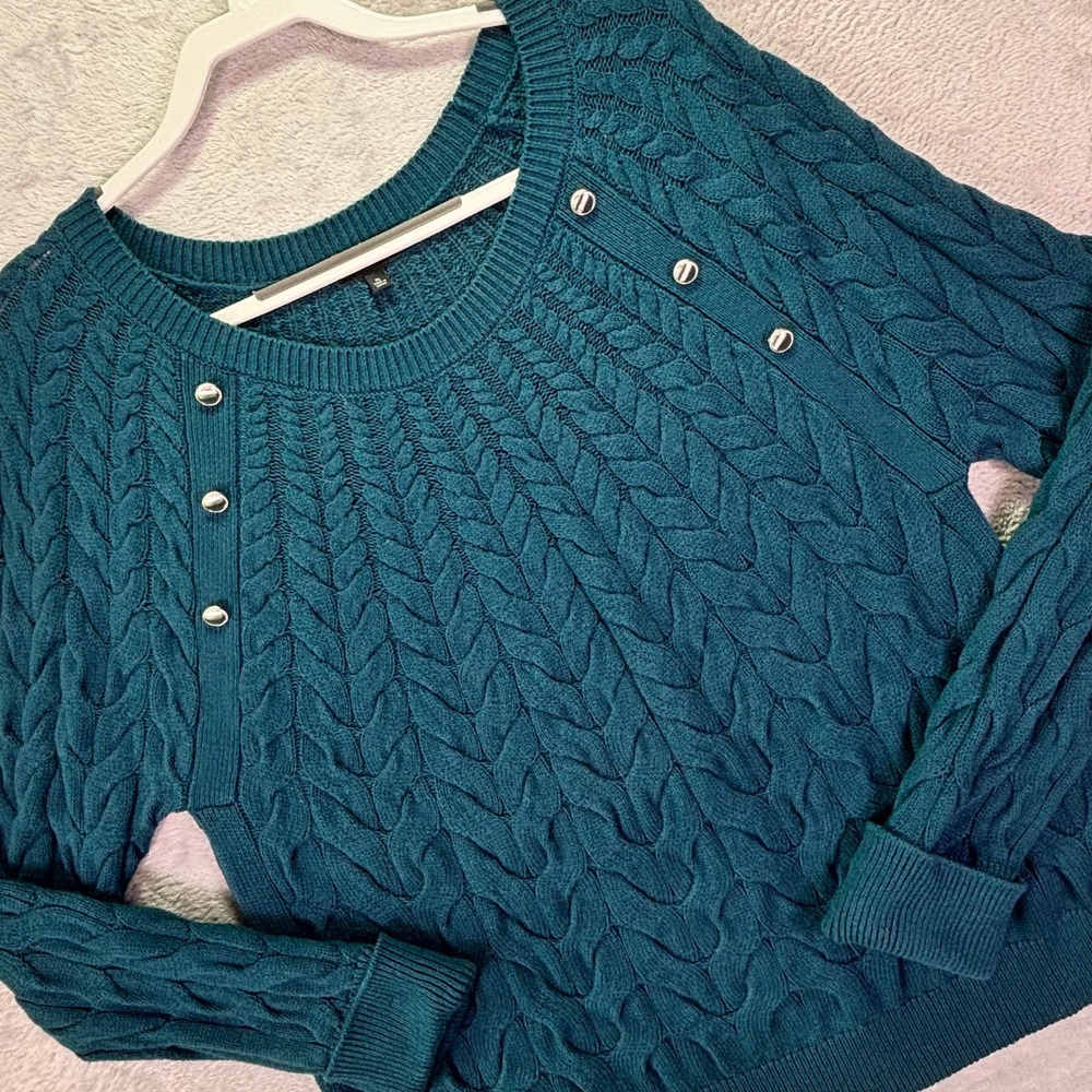 Talbots Womens Sweater Size XL Teal Cable Knit Decorative Shoulder Buttons